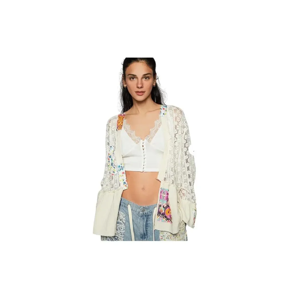 POL - Gauze Floral Ruffle Open Cardigan Small
